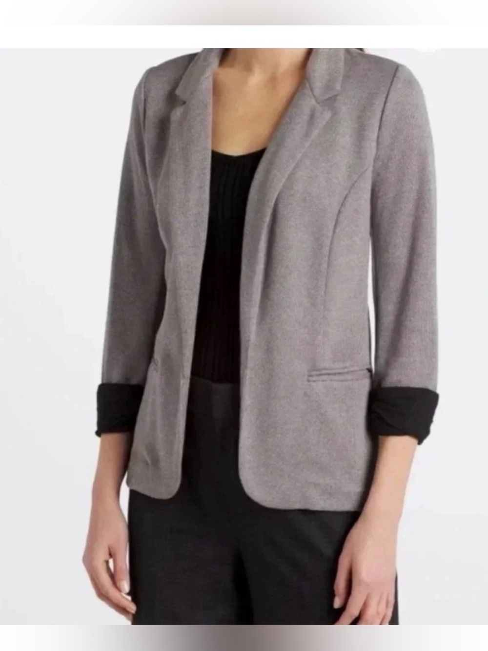 Skies Are Blue Asa Knit Blazer Size Large Black Open Front 3/4 Sleeves